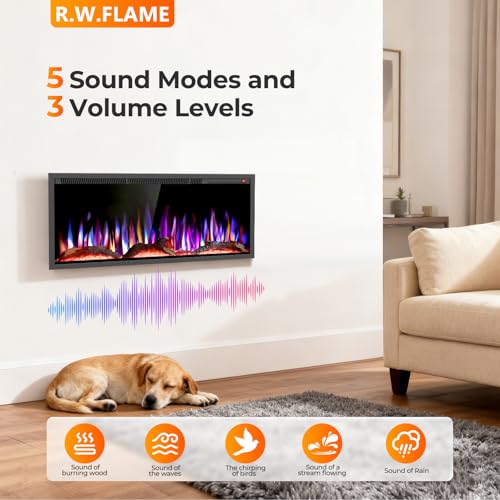 Image of R.W.FLAME 36 inch Recessed and Wall Mounted Smart Electric Fireplace, Alexa /WiFi Enabled, APP Control with Multiple Sound Modes, Adjustable Flame Colors and Speed, Available with Log & Crystal Options