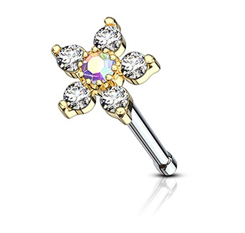 Forbidden Body Jewelry Nose Rings 14k gold plated Surgical Steel 20g Nose Stud with Big Bling Two-Tone 6-CZ Flower Top (Aurora Borealis/Clear)