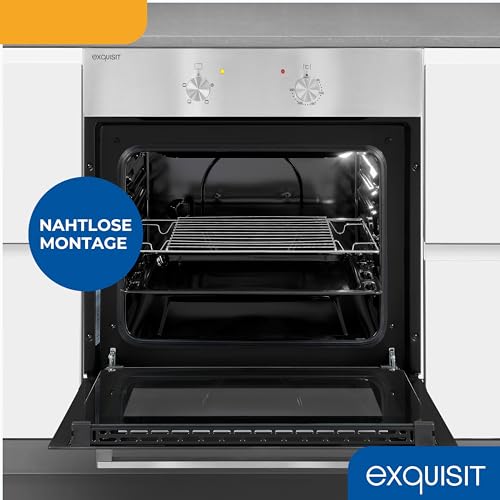 Exquisit Einbaubackofen | 62 l Garraum, Energieeffizienzklasse A, 2200 W Gesamtleistung | Ober- und Unterhitze, separate Oberhitze, Temperaturbereich 50–250 °C, Drehknopf-Bedienung | EBE 455-1.1