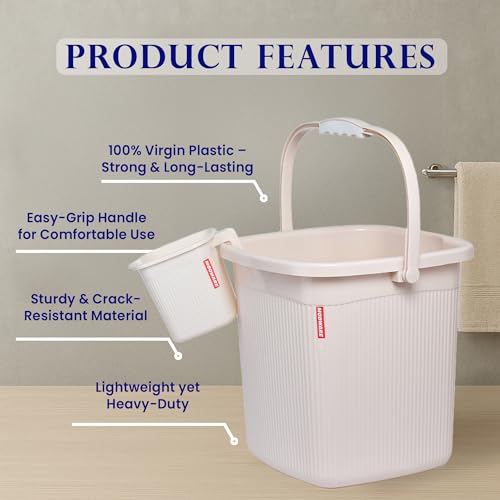 Image of Modware Square Ribbon Plastic Bucket Set with Mug | 25L Brown Bathroom Bucket with Handle + 1.5L Mug | Heavy-Duty Polypropylene + Co-Polymer | Stylish & Durable Bath Set (Cream 25 L)