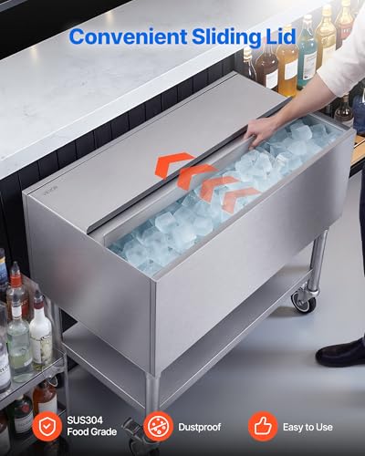 Image of VEVOR Commercial Ice Bin,19 Inch Stainless Steel Ice Chest with Sliding Lid and Bottle Holders, Cooler Cart Cocktail Unit for Bar Restaurant Pub, NSF Certified