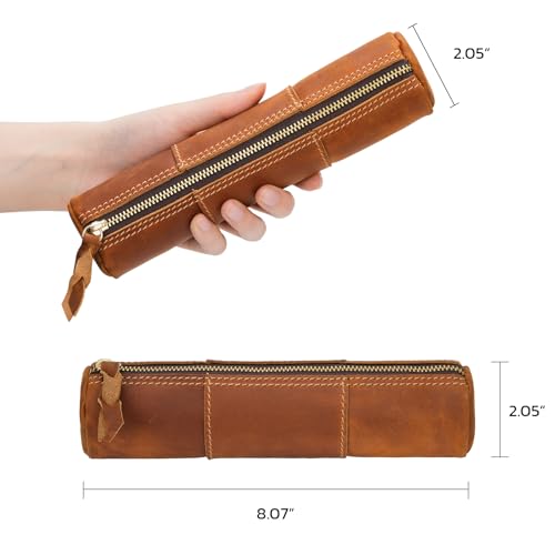 Image of ECHSRT Genuine Leather Pencil Pouch for Adults, Slim Cylinder Case, Brown | Full-Grain Cowhide Leather, Crazy Horse Finish, Slim Cylinder Design, Single Zipper, Vintage Pen Organizer for Adults