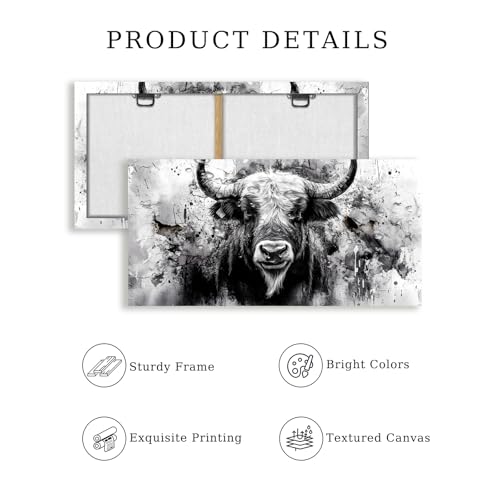 SERIMINO Modern Animal Wall Art Prints, Highland Cow Black and White Canvas Paintings, Western Rustic Wall Pictures for Living Room Bathroom Farmhouse, Bull Bedroom Decor for Men 24X48 Inch