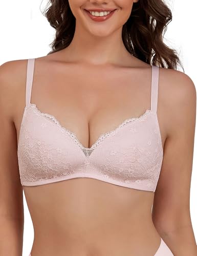 Far-free Women Lace Bras No Underwire Wireless Bra Sexy V Neck Bra Push Up Padded Comfortable Everyday Bralettes Pink Floral 36B
