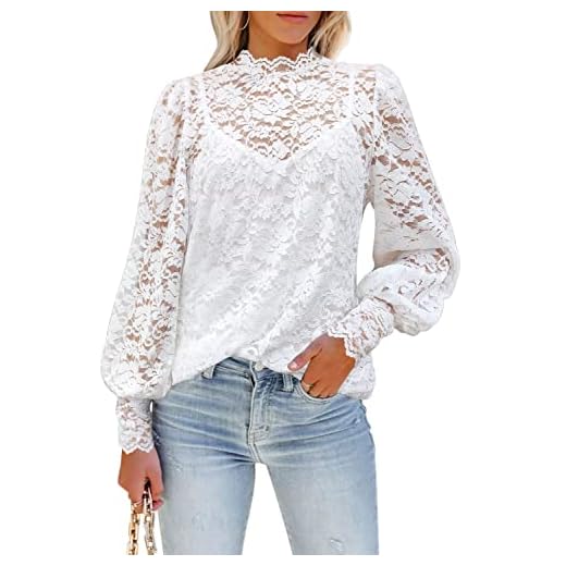 DOROSE Elegant Long Sleeve Lace Shirts for Women Lace Mock Neck Tops Blouses White L