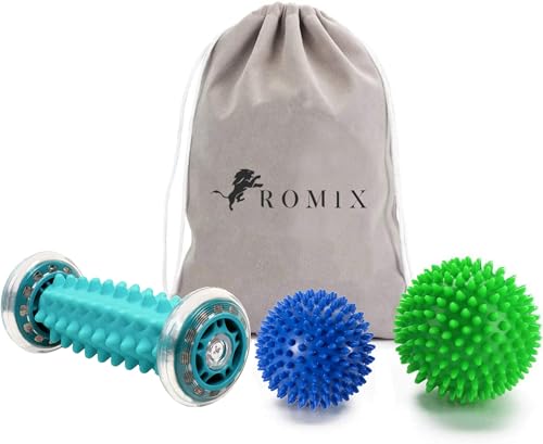 ROMIX Rolo de massagem de pés, tecido profundo ponto de ativação massajador de pés e bola conjunto para stress, fascite plantar aliviar, aliviar a dor, músculos tensos para pernas, mãos, braços