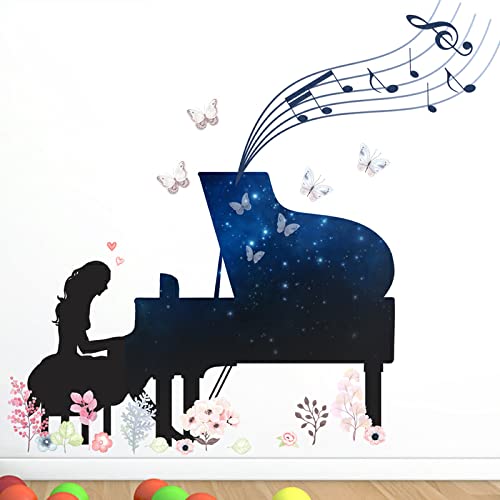 Blue Star Piano Girl Wall Sticker Papillon Fleur Décoration de La Maison Chambre D'enfants Chambre Pépinière Fond Mural Art Decal Autocollant 50cm * 70cm Cover