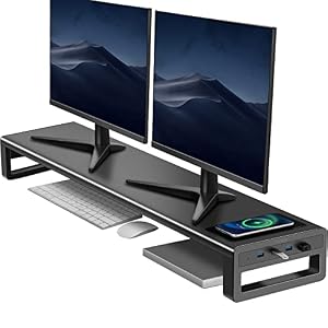 VAYDEER 金属製デュアル モニター台 机上台 2画面 モニタスタンド 4ポートUSBハブ内蔵 スマホ専用置き場付き ディスプレイ台 幅100cm