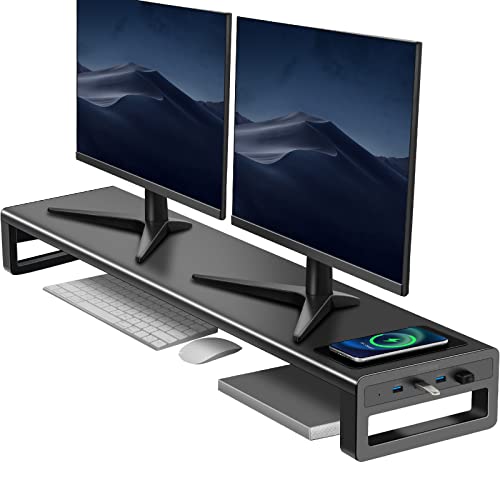 VAYDEER Dual Monitor Stand Aluminum Monitor Riser with Wireless Charging and 4 USB 3.0 Hub Ports Metal Strong&Sturdy for PC Monitor Laptop TV Printer Space Saving Desk Organizer by VAYDEER - Used condition - CA$71.67