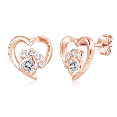 Cangall Ohrstecker Rose Gold, 925 Sterling Silber Herz Katzenpfote Ohrstecker mit 5A Cubic Zirkonia, Hypoallergen 10mm Süße Herz Ohrringe, Klein Katzenklauen Hundepfote Ohrringe Silber 925 Stecker