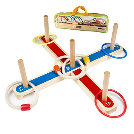 Ulifeme Anillas Juego de Lanzamiento, Juegos Exterior para Niños y Adultos, 5 Piezas Anillos de Cuerda de Madera + 8 Pcs Anillos Plásticos Colurful para Juegos de Punteria, 2 Formas Jugando con Bolsa