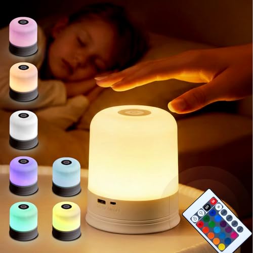 Portable Night Light, USB Rechargeable Small Desk Lamp,16 RGB Colors & 3 Brightness & 1 Remote, Touch Bedside Cordless Table Lamp, Portable Night Lamp for Bedroom Living Room Home (White)