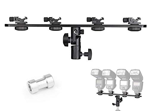 EXMAX E4 Camera Flash Speedlite Mount Four Hot Shoes Flash Light Stand Bracket with Umbrella Holder Swivel Mount Compatible with Camera and Other DSLR Flashes Speedlite Studio LED Light