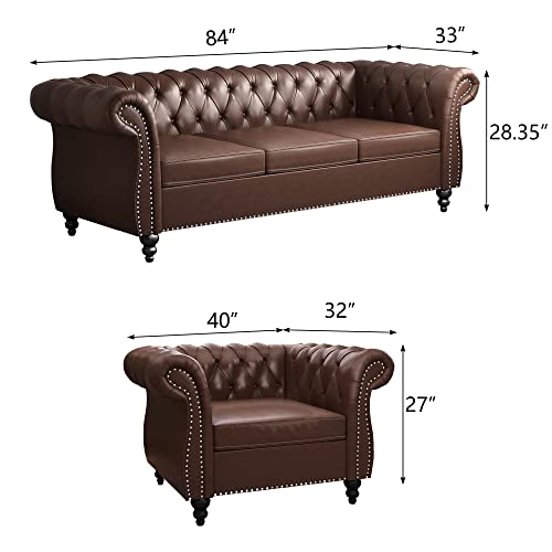 Nosga Large Sofa Pu, Modern Couch Furniture Sofa Classic Tufted Chesterfield Settee Sofa Tufted Back For Living Room, (Dark Brown 1+3) #TOP6