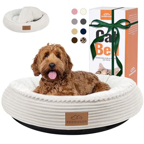 Zerbuger 30in Round Dog Bed Sofa for Small/Medium/Large Dogs, Machine Washable Supportive Foam Pet Couch with Washable Removable Mat and Non-Slip Bottom, Pet Cuddler for Indoor/Outdoor/Car/Cage, Cream