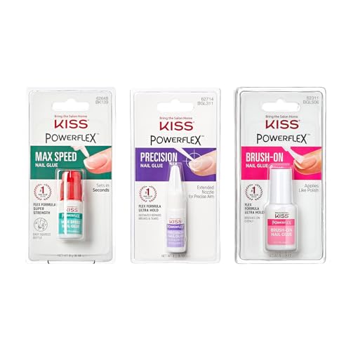 KISS PowerFlex Ultra-Hold Super Strength Instant Bond Flex Formula Nail Glue - Application of Artificial Nails & Natural Repair - Max Speed, Precision, & Brush-On 3-Pack