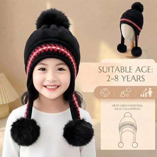Image of Kraptick Children's Winter Cap: Velvet Thick Warm Woolen Knit Hat with Ear Protection for Children Stylish Korean Beanie with Long Pompom Ears & Fleece Lining Perfect for Winter -4