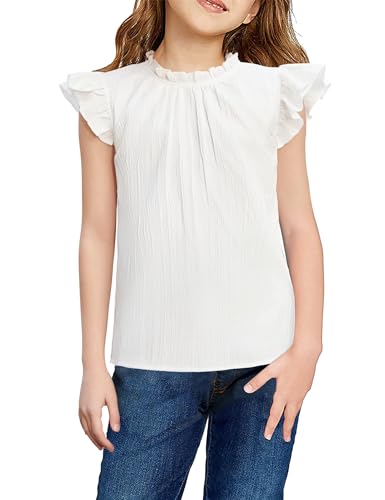 Arshiner Girls Ruffle Short Sleeve Shirts Cute Summer Frill Neck Pleated Textured Blouse Tops