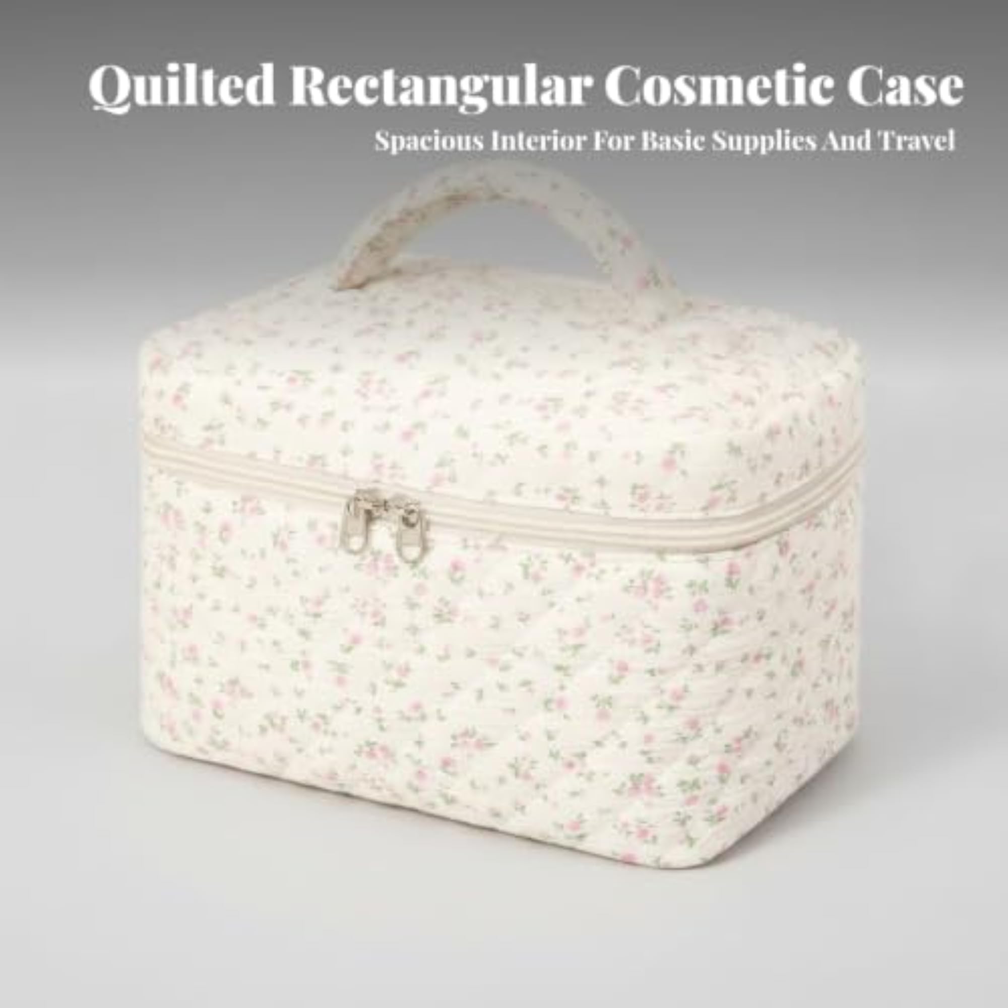 Lightweight Quilted Makeup Bag Zippered Cosmetic Bag with Handle, Pink