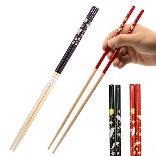 Musuubi Japan Japanese Cooking Chopsticks Long- Set of Two Long Bamboo Cooking Chopsticks with Rabbit, Moon, and Sakura Pattern - Red and Black - Made in Japan
