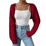 Fuimsul Women Open Front Ribbed Knit Crop Bolero Drop Shoulder Long Sleeve Solid Loose Fit Knitted Crop Cardigan Shrug Red