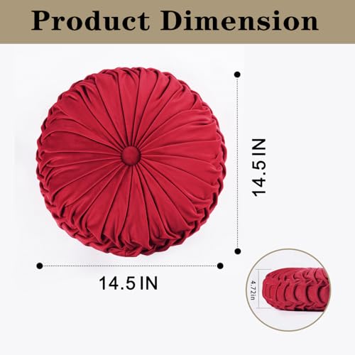 Image of HIG Set of 2 Red Ruched Velvet Round Throw Pillows - 14.5'' Decorative Pillows with Soft Polyester Filling for Couch, Bed, Living Room, Bedroom, or Dorm - Handmade, Stress Relieving, All-Season