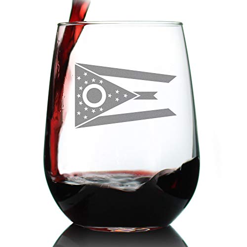 Ohio Flag Stemless Wine Glass - State Themed Drinking Decor and Gifts for Ohioan Women & Men - Large 17 Oz Glasses