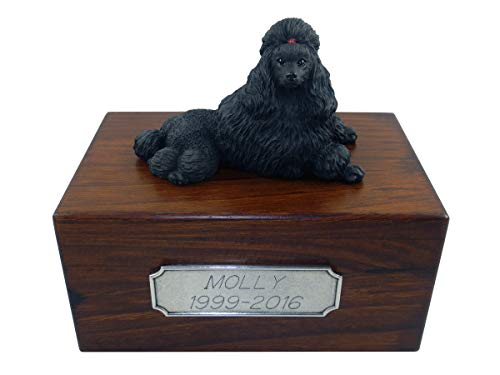 Beautiful Paulownia Small Wooden Urn With Black Poodle Figurine & Personalized Pewter Engraving #TOP18