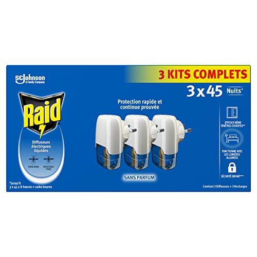 Raid Diffuseurs Electriques Liquides 3 Kits 3en1 - Moustiques & Moustiques Tigres - 3 Diffuseurs + 3 Recharges 45 Nuits
