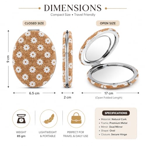 Image of Floral Cork Compact Mirror for Women | Portable Pocket Makeup Mirror with Dual Mirror | Travel Friendly Folding Vanity Mirror for Purse & Handbag