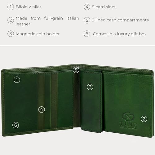 Image of Time Resistance Leather Men's Wallet - Minimalist Wallet Design with Credit Card Holder, Magnetic Coin Holder, and Cash Slots (Green)