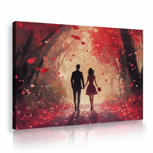 Art mural romantique et décoration salon moderne : affiche peinture couple forêt rouge en toile