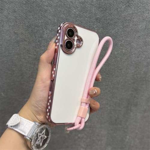 Coque iPhone 15 Plus antichoc étui plaqué rose avec dragonne de protection