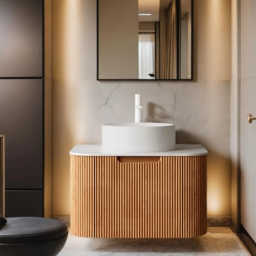 24-Inch Modern Bathroom Vanity with Sink, Floating Cabinet with Ultra-Thin Ceramic Basin and Marble Top, Extra Large Storage Drawer, Soft-Close Design, Nature Wood