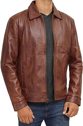 Image of Decrum Vintage Style Mens Leather Jacket - Real Lambskin Classic Shirt Collar Leather Jackets for Men
