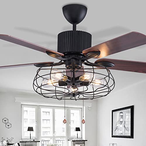 52" Farmhouse Caged Ceiling Fan With Light And Remote Control Rustic Industrial Chandelier Fan With 5 Reversible Wood Blades Black Retro Indoor Fandelier For Living Room Dining Room Bedroom #TOP15