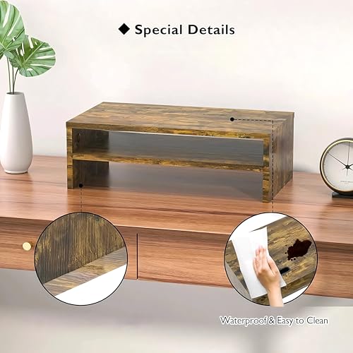 Image of OXMIC Wooden monitor /computer Stand Riser, computer /monitor stand for desk, monitor stand, monitor table, 40.6 x 20.3 x 15.2 cm, Desktop Organiser with Storage Shelf (RUSTIC BROWN)