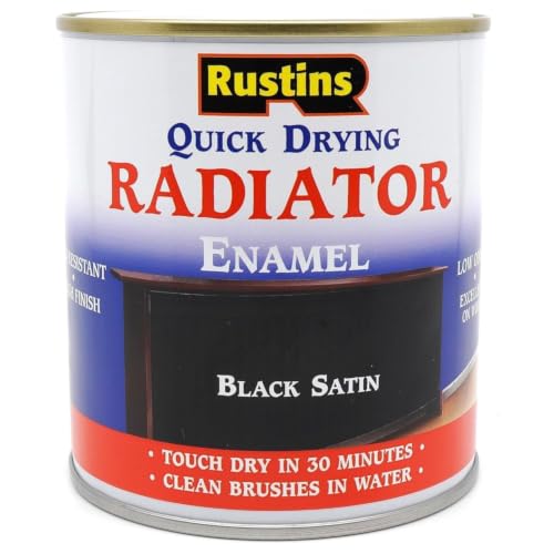 RUSTINS Quick Drying Radiator Enamel Satin - Black 500ml Durable Long-Lasting Finish for Radiators That Stands the Test of Time