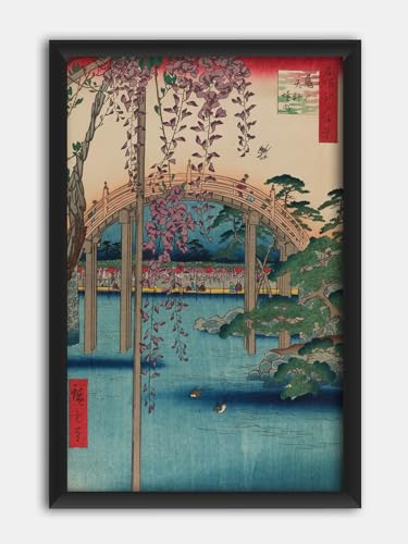 <亀戸天神>桜の木の下で 風景画、浮世絵木版画、アートポスター、室内装飾、、キャンバス、壁アート、プリント、アートボード 20x30cm 木枠付きの完成品