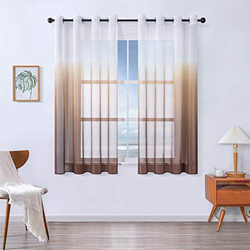 MRTREES Cortinas Baratas Visillos Cortos Translúcida Visillo Color Degradado Leve de Dormitorio Moderno Ventana Visillos Salon Paneles para Niños Sala Comedor Baño 2 Piezas 140×175cm(An×L) Marrón