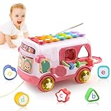 Toys for 1 8+ Months Girls Gift-Birthday Gifts for Girl,Musical Sensory Bus with Xylophone Shape Blocks Pull Along Toy Early Educational Montessori Baby Toys for 1-2 Year Old Christmas