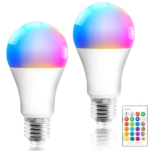 GBKDQQ 2x LED Lampe Farbwechsel, E27 10W RGB Glühbirne mit Fernbedienung, Dimmbar Farbige Leuchtmittel, 16 Farben, LED Birne Warmweiß 3000K