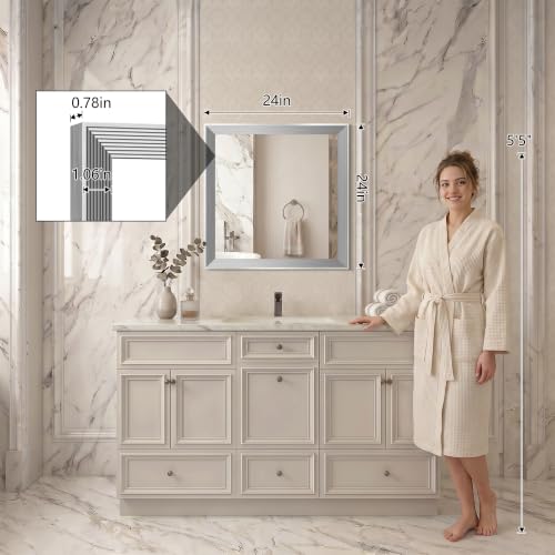 Image of DESBING 24 inchx24 inch Silver Bathroom Mirrors for Over Sink | Tempered Glass, Metal Frame, Rectangle Vanity Wall Mirror for Bathroom, Living Room, Bedroom, Horizontally or Vertically