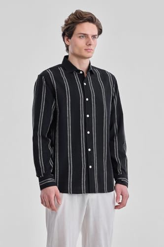 Image of SNITCH Men Casual Shirt for Smart & Everyday Wear | Regular Fit Full Sleeve Point Collar Striped Pattern | Breathable Cotton Blend Fabric for All Day Comfort | Black