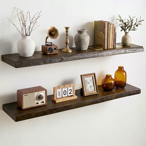 Image of Dreamland 36 Inch Long Floating Shelves Set of 2, Rustic Solid Elm Wood Live Edge Floating Shelf Wall Mounted, 8 Inch Deep Wooden Wall Shelves for Living Room, Bedroom, Bathroom, Kitchen, Walnut