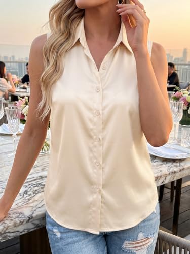 Image of Cicy Bell Womens Summer Satin Tank Tops Silky Casual Dressy V Neck Sleeveless Button Down Shirts Loose Fit Work Blouses