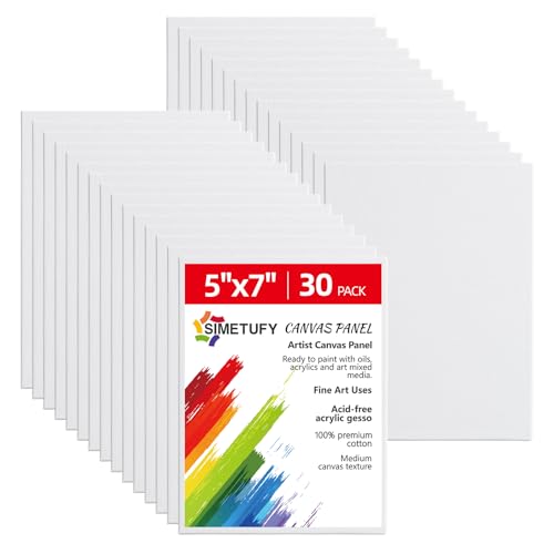 Simetufy 5x7inch 30 Pack Small Canvas Panels for Painting Mini Canvas Boards Primed Acid Free for Watercolor Acrylic Paint