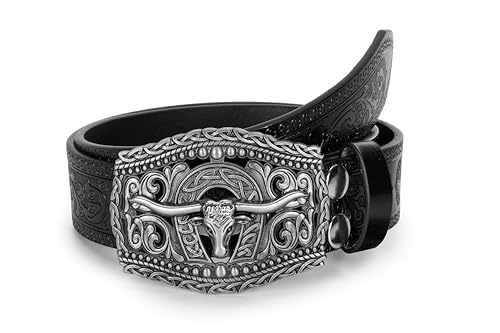 Image of Western Cowboy-Belts for Women Big-Buckle Longhorn-Bull PU-Leather Rodeo Cowgirl-Belt Engraved Floral - Waist 25-38 inch