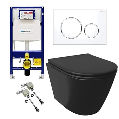 Alpenberger Hänge WC Komplettset | WC Schwarz Matt Spülrandlos | Klo mit Toilettenspülkasten Geberit Duofix Bausatz und Betätigungsplatte | Unterputz Spülkasten WC | Wand WC Set