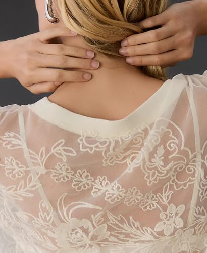 Aimiray Women's Sexy Lace Tops Short Sleeve Round Neck Mesh 3D Printed Floral Sheer Blouse See Through Layering Shirt Tops